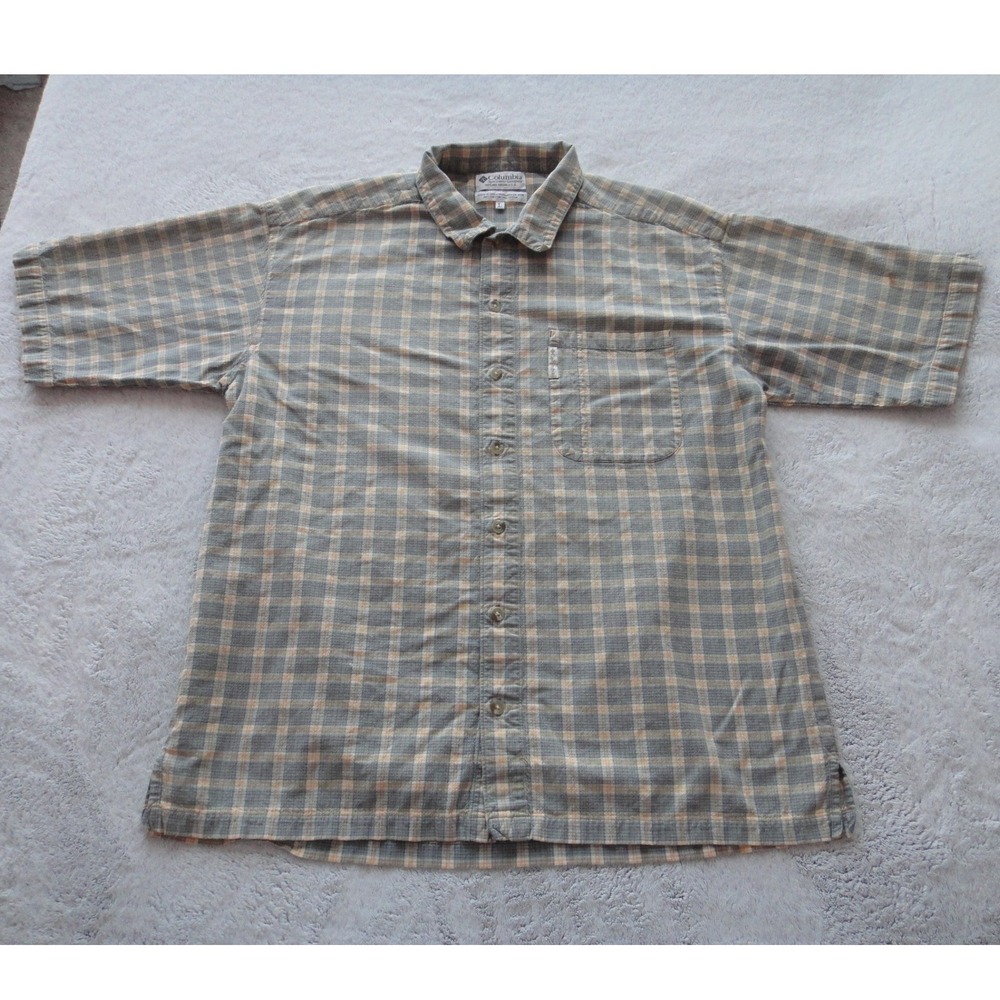 Columbia Sportswear Men's Size Large Grey Plaid Short Sleeve Cotton Button Shirt
